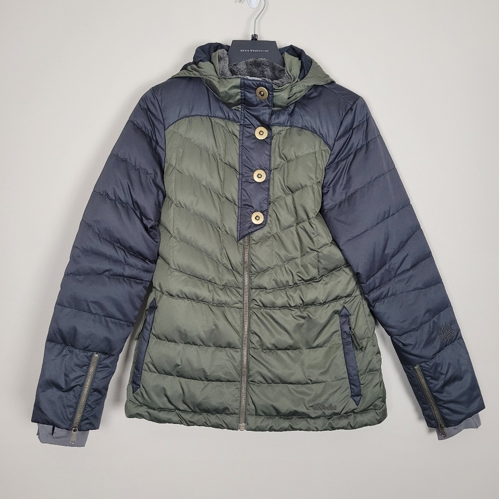 Cabelas Puffer Jacket Womens Medium 650 Down Goose Down Quilted Green Parka